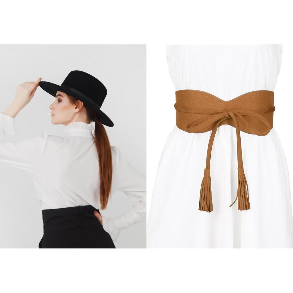 Womens Faux Suede Tassel Belt Vintage Bow Tie Waistband for Dress or Coat - Picture 6 of 6